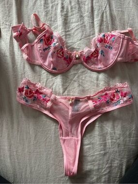 Sheer Pink Floral Embroidered Underwire Bra & Thong Set